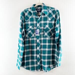 Wrangler Sport Western Long Sleeve Pearl Snap Flannel Button Down Shirt Green M